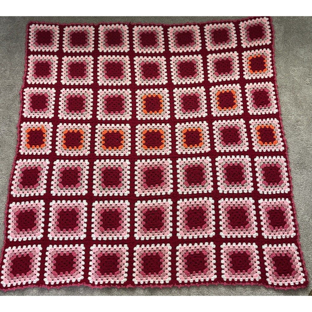Vintage Handmade Crochet Granny Square Afghan Blanket Burgundy Pink 58x57 Orange